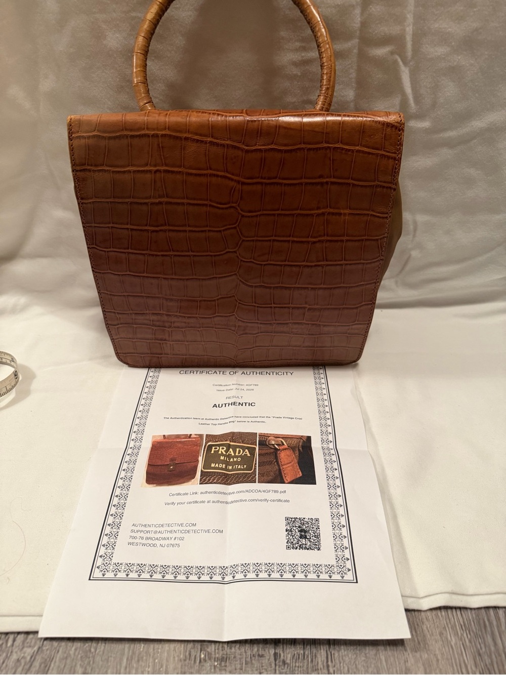 Prada Brown Croc-Embossed Top Handle with COA included cancer awareness bracelet - Picture 2 of 10